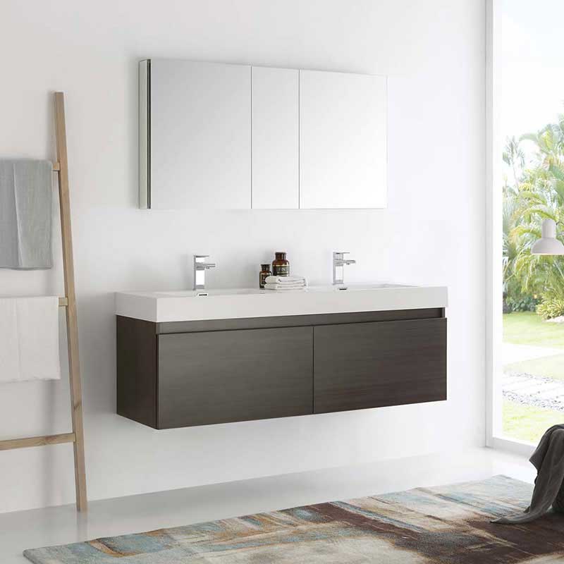 Fresca Mezzo 60" Gray Oak Wall Hung Double Sink Modern Bathroom Vanity with Medicine Cabinet 2