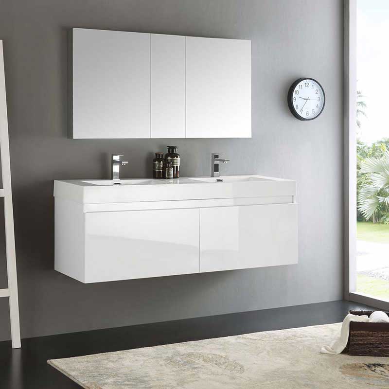 Fresca Mezzo 60" White Wall Hung Double Sink Modern Bathroom Vanity with Medicine Cabinet 2