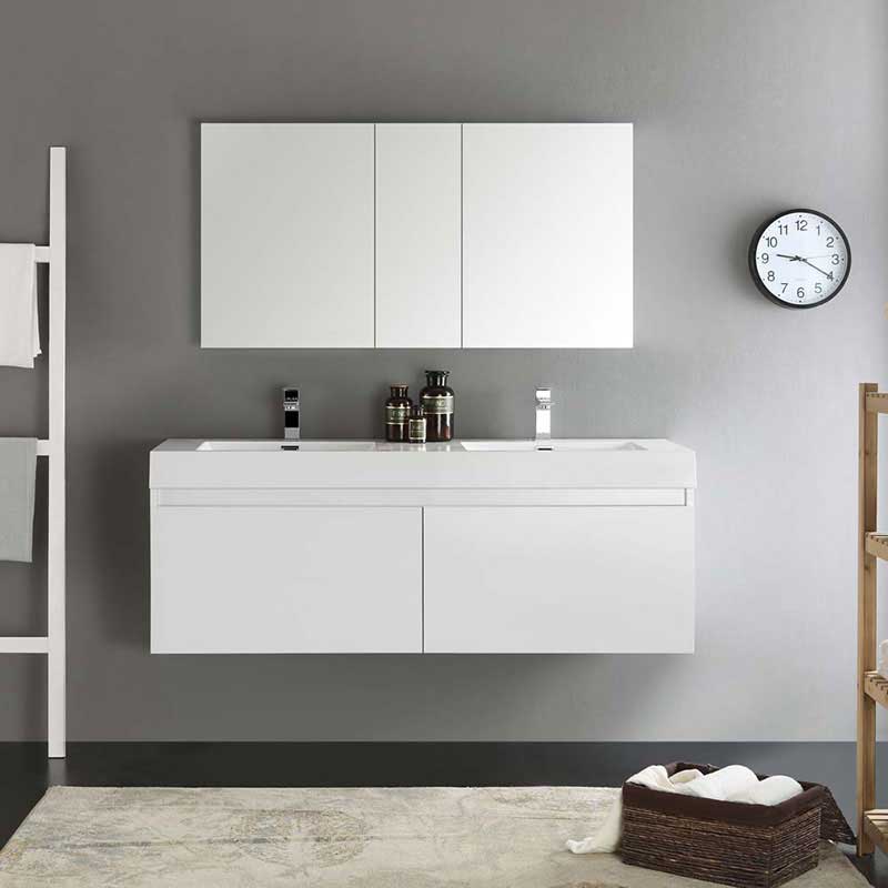 Fresca Mezzo 60" White Wall Hung Double Sink Modern Bathroom Vanity with Medicine Cabinet 3