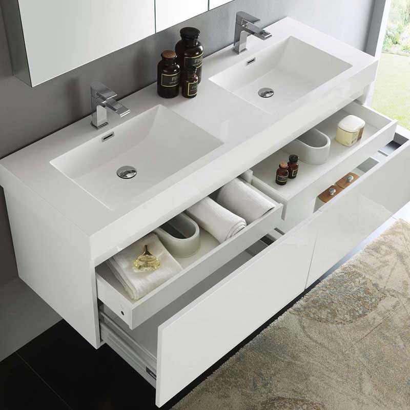 Fresca Mezzo 60" White Wall Hung Double Sink Modern Bathroom Vanity with Medicine Cabinet 6