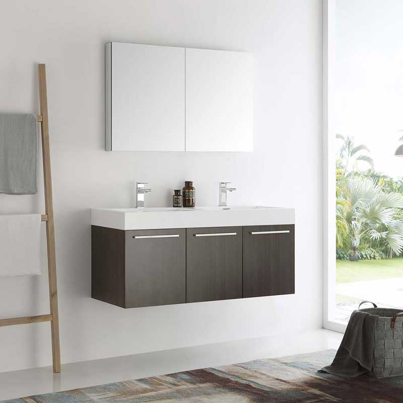 Fresca Vista 48" Gray Oak Wall Hung Double Sink Modern Bathroom Vanity with Medicine Cabinet 2