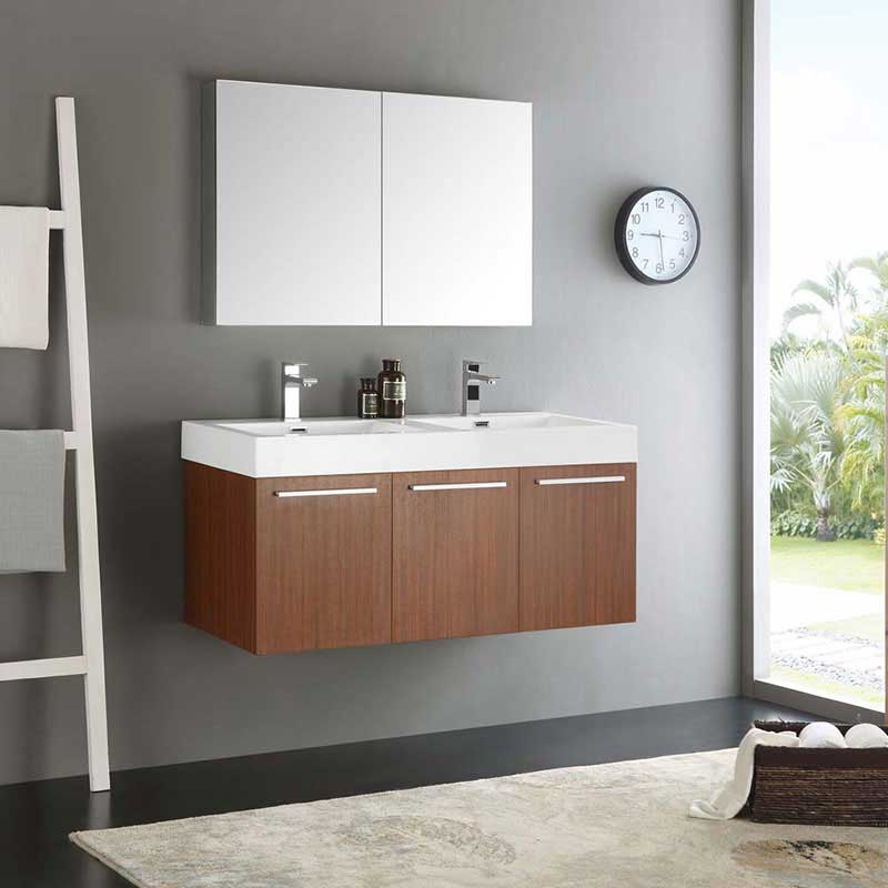 Fresca Vista 48" Teak Wall Hung Double Sink Modern Bathroom Vanity with Medicine Cabinet 2