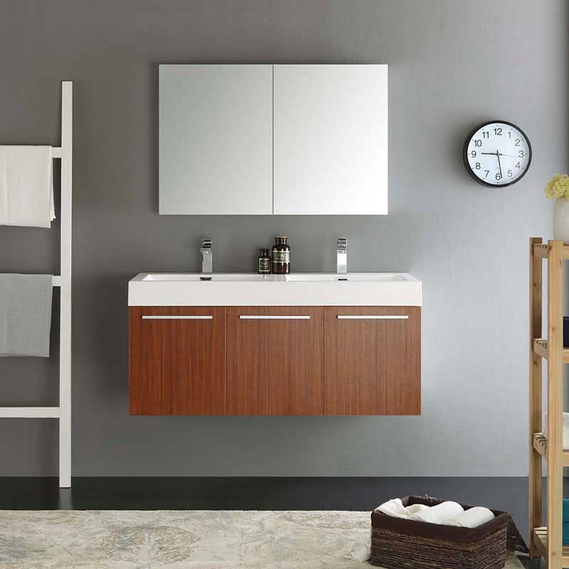 Fresca Vista 48" Teak Wall Hung Double Sink Modern Bathroom Vanity with Medicine Cabinet 3