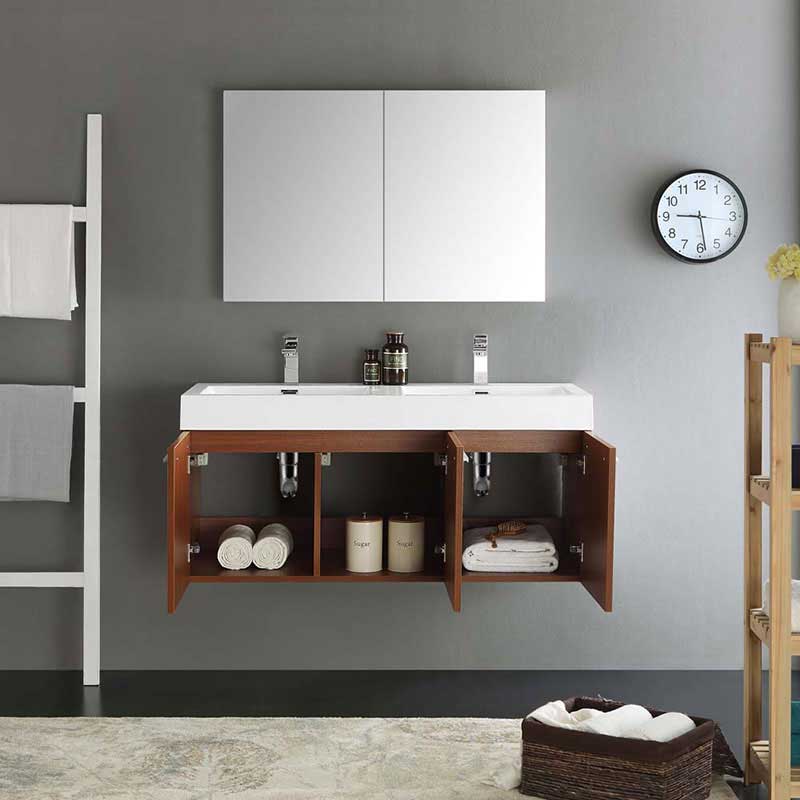 Fresca Vista 48" Teak Wall Hung Double Sink Modern Bathroom Vanity with Medicine Cabinet 4