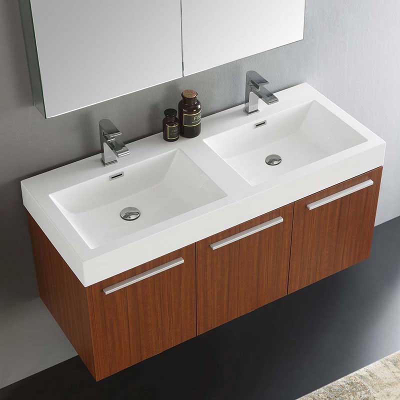 Fresca Vista 48" Teak Wall Hung Double Sink Modern Bathroom Vanity with Medicine Cabinet 5