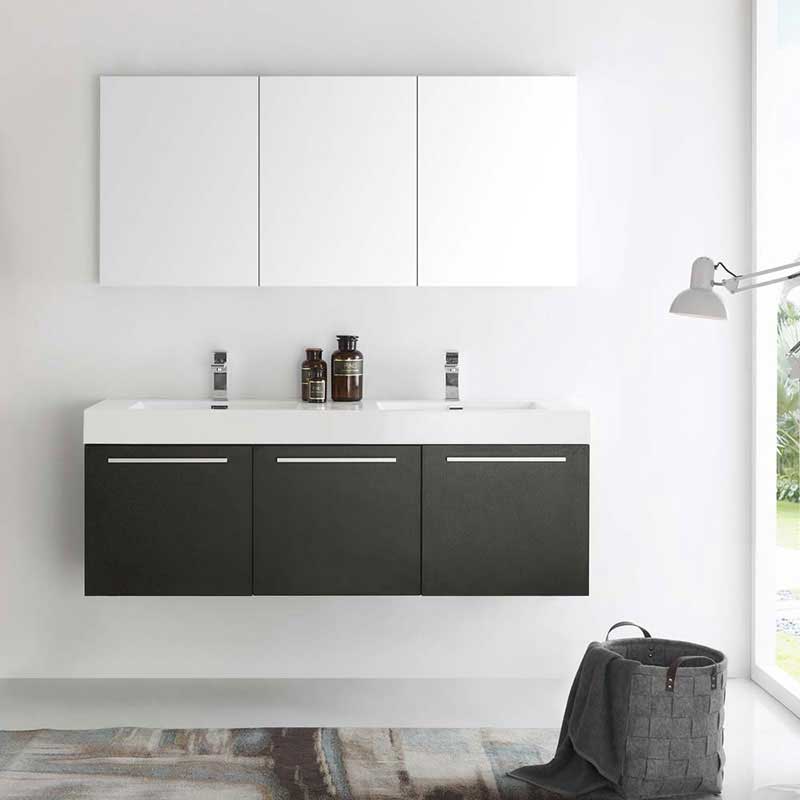 Fresca Vista 60" Black Wall Hung Double Sink Modern Bathroom Vanity with Medicine Cabinet 3