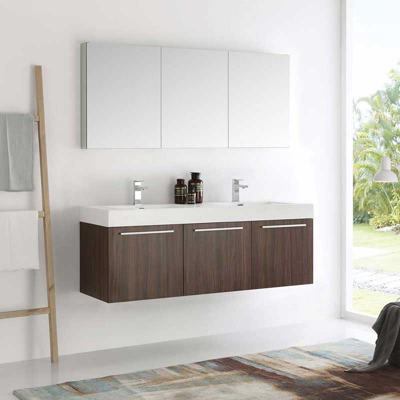 Fresca Vista 60" Walnut Wall Hung Double Sink Modern Bathroom Vanity with Medicine Cabinet 2