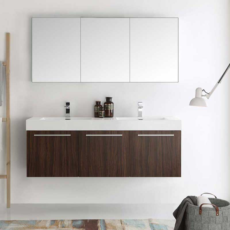 Fresca Vista 60" Walnut Wall Hung Double Sink Modern Bathroom Vanity with Medicine Cabinet 3
