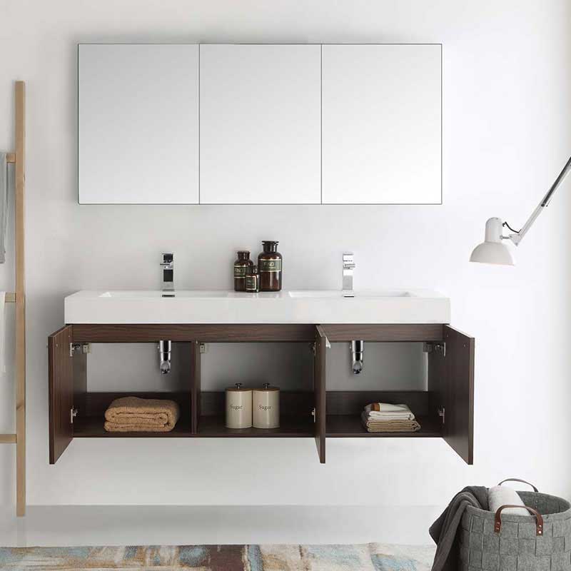 Fresca Vista 60" Walnut Wall Hung Double Sink Modern Bathroom Vanity with Medicine Cabinet 4