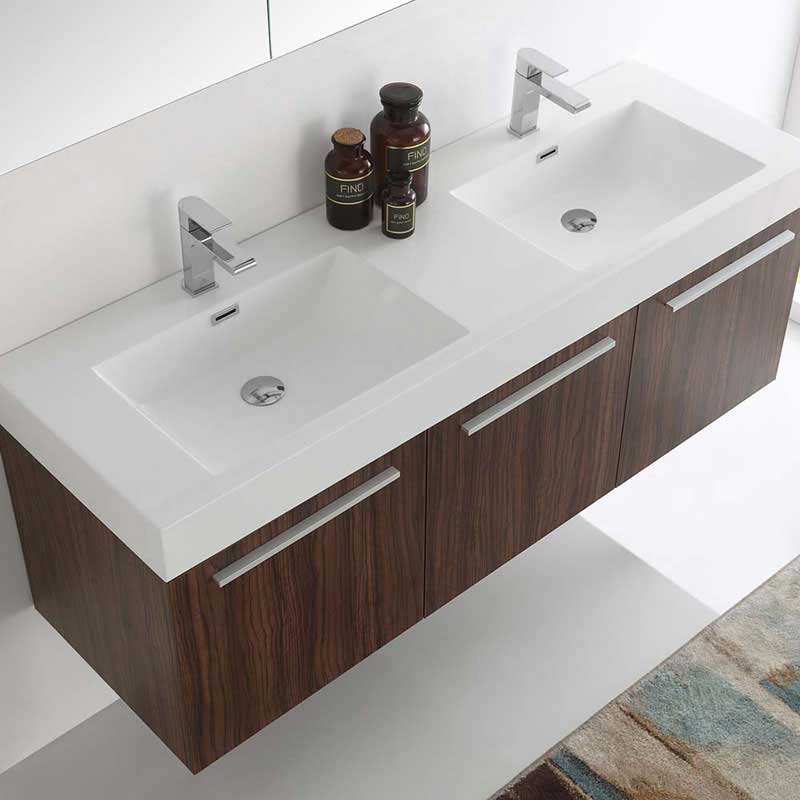 Fresca Vista 60" Walnut Wall Hung Double Sink Modern Bathroom Vanity with Medicine Cabinet 5