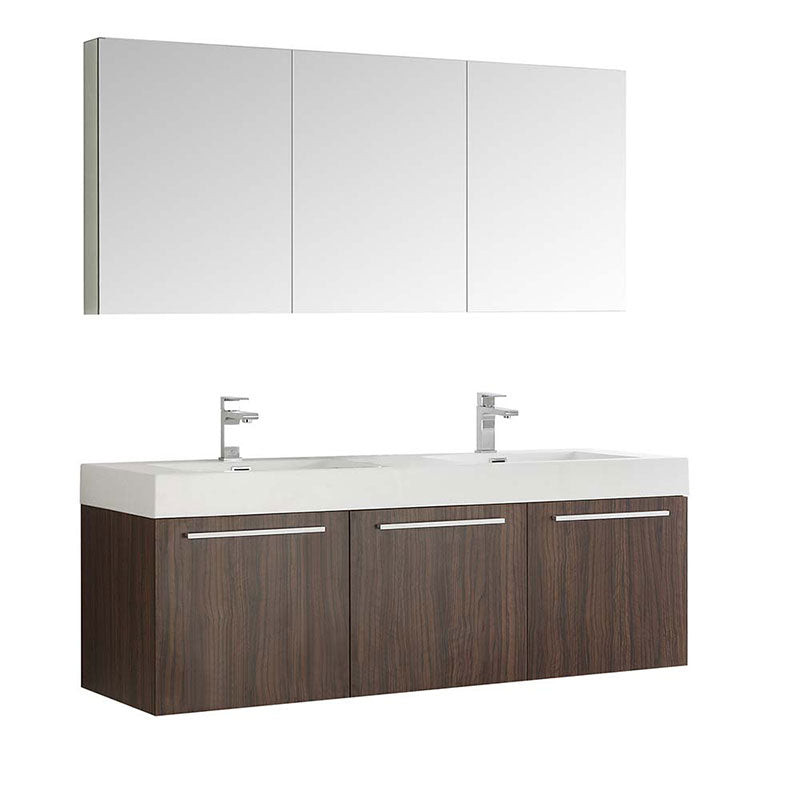Fresca Vista 60" Walnut Wall Hung Double Sink Modern Bathroom Vanity with Medicine Cabinet