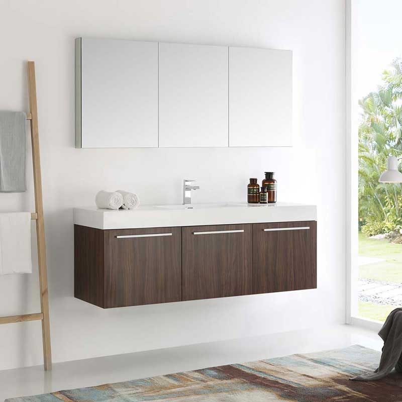 Fresca Vista 60" Walnut Wall Hung Single Sink Modern Bathroom Vanity with Medicine Cabinet 2