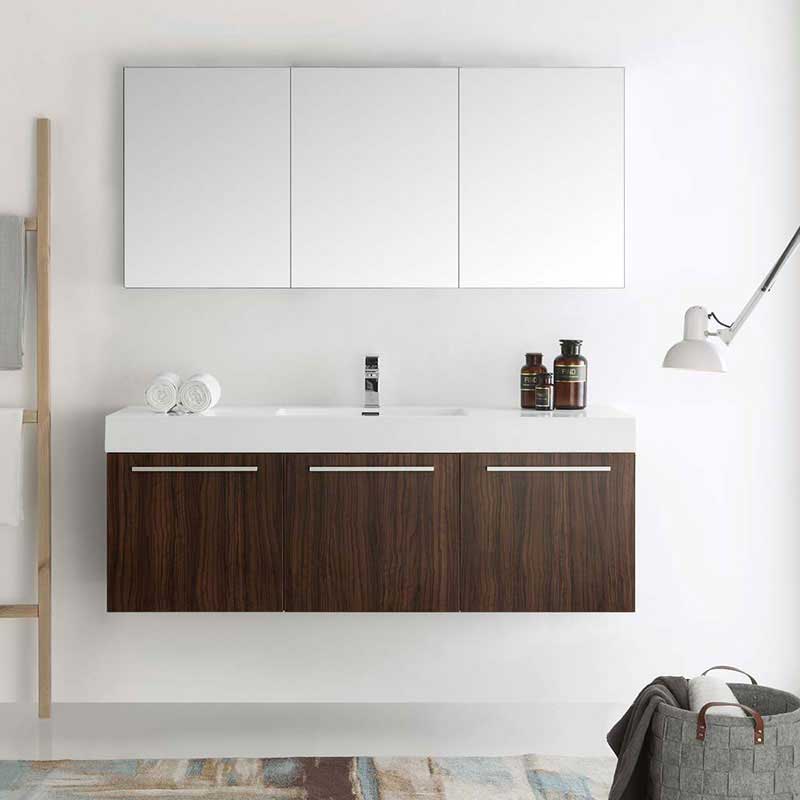 Fresca Vista 60" Walnut Wall Hung Single Sink Modern Bathroom Vanity with Medicine Cabinet 3
