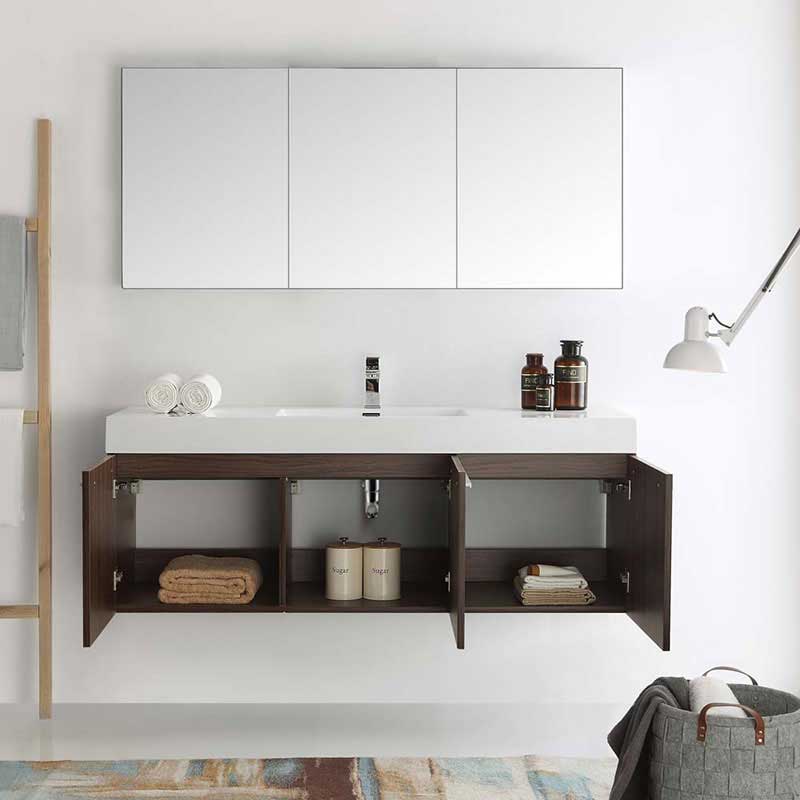 Fresca Vista 60" Walnut Wall Hung Single Sink Modern Bathroom Vanity with Medicine Cabinet 4