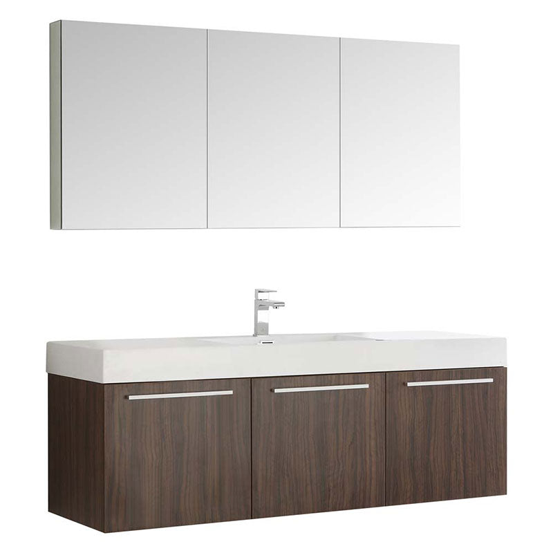 Fresca Vista 60" Walnut Wall Hung Single Sink Modern Bathroom Vanity with Medicine Cabinet
