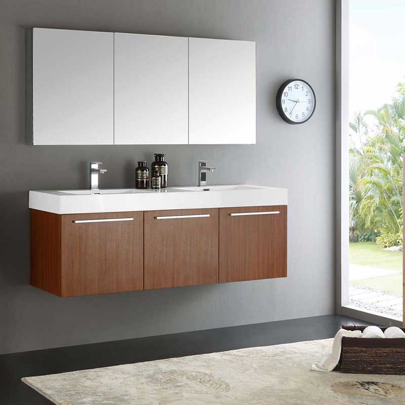 Fresca Vista 60" Teak Wall Hung Double Sink Modern Bathroom Vanity with Medicine Cabinet 2