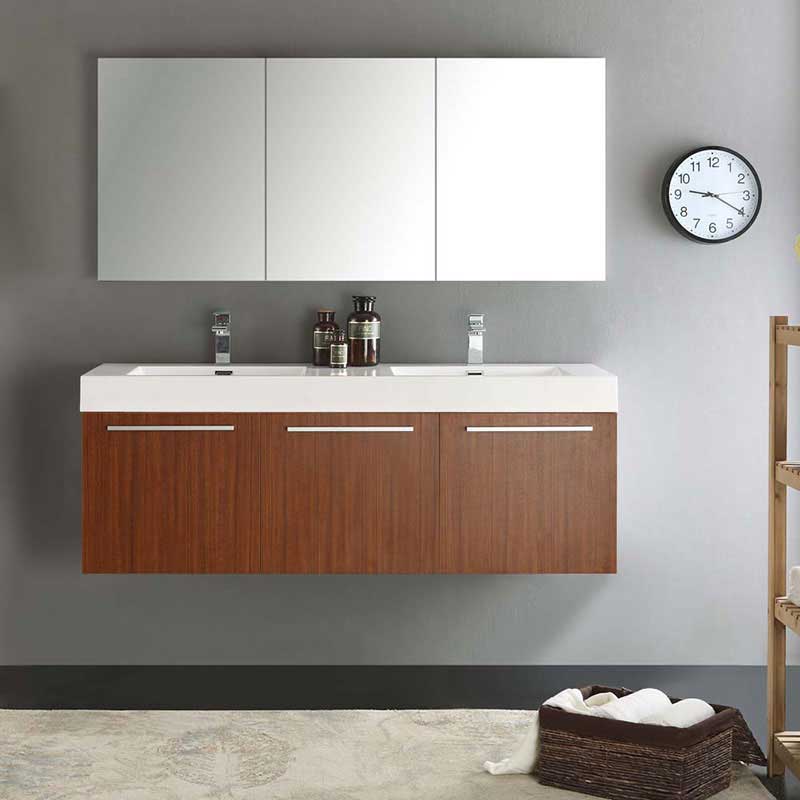 Fresca Vista 60" Teak Wall Hung Double Sink Modern Bathroom Vanity with Medicine Cabinet 3
