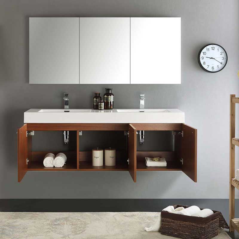 Fresca Vista 60" Teak Wall Hung Double Sink Modern Bathroom Vanity with Medicine Cabinet 4
