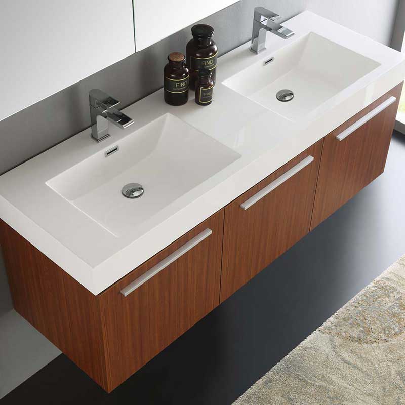 Fresca Vista 60" Teak Wall Hung Double Sink Modern Bathroom Vanity with Medicine Cabinet 6