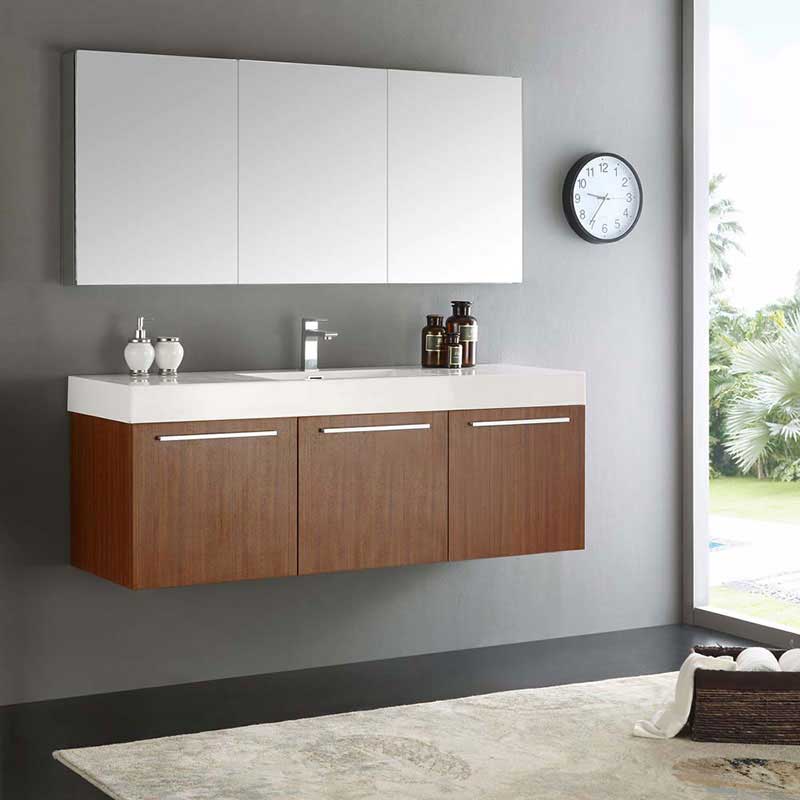 Fresca Vista 60" Teak Wall Hung Single Sink Modern Bathroom Vanity with Medicine Cabinet 2