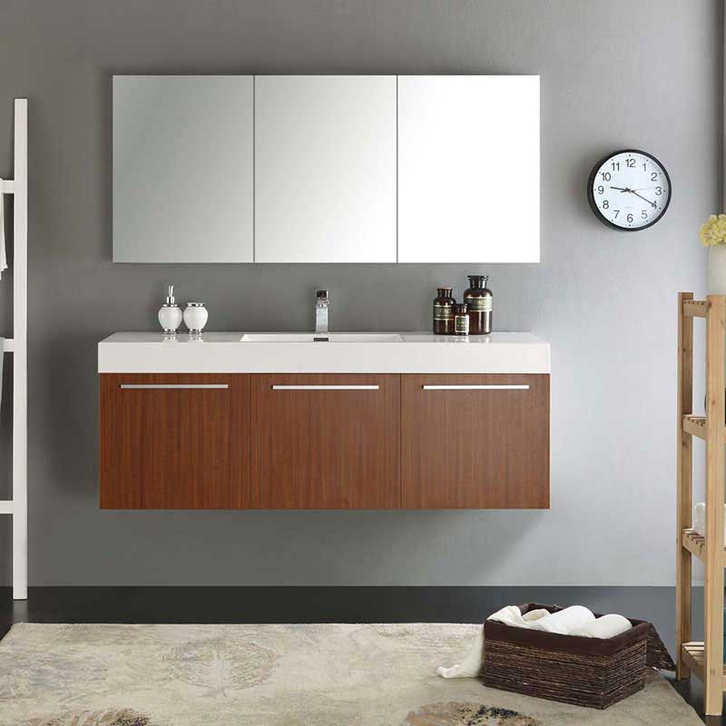 Fresca Vista 60" Teak Wall Hung Single Sink Modern Bathroom Vanity with Medicine Cabinet 3