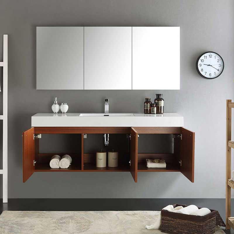 Fresca Vista 60" Teak Wall Hung Single Sink Modern Bathroom Vanity with Medicine Cabinet 4
