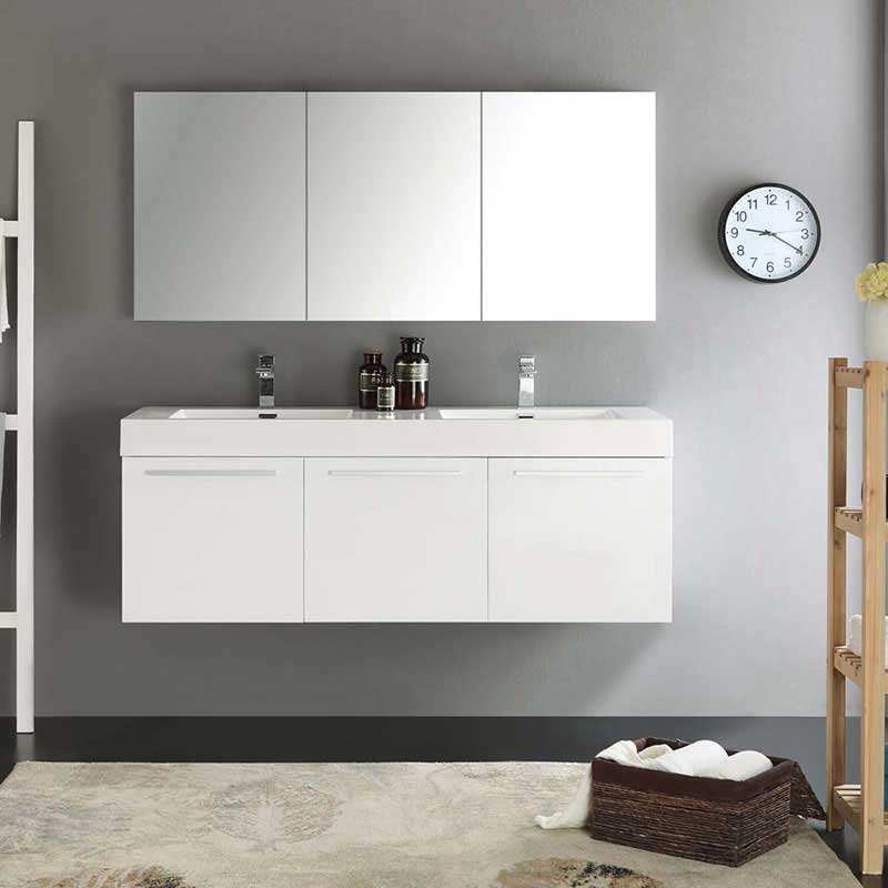 Fresca Vista 60" White Wall Hung Double Sink Modern Bathroom Vanity with Medicine Cabinet 3