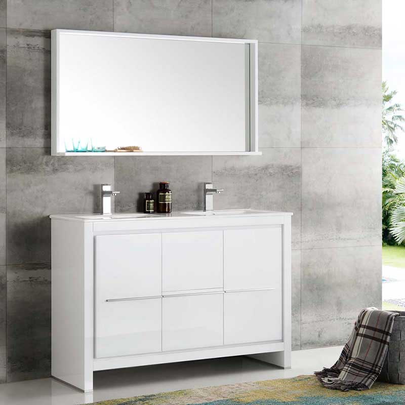 Fresca Allier 48" White Modern Double Sink Bathroom Vanity with Mirror 2