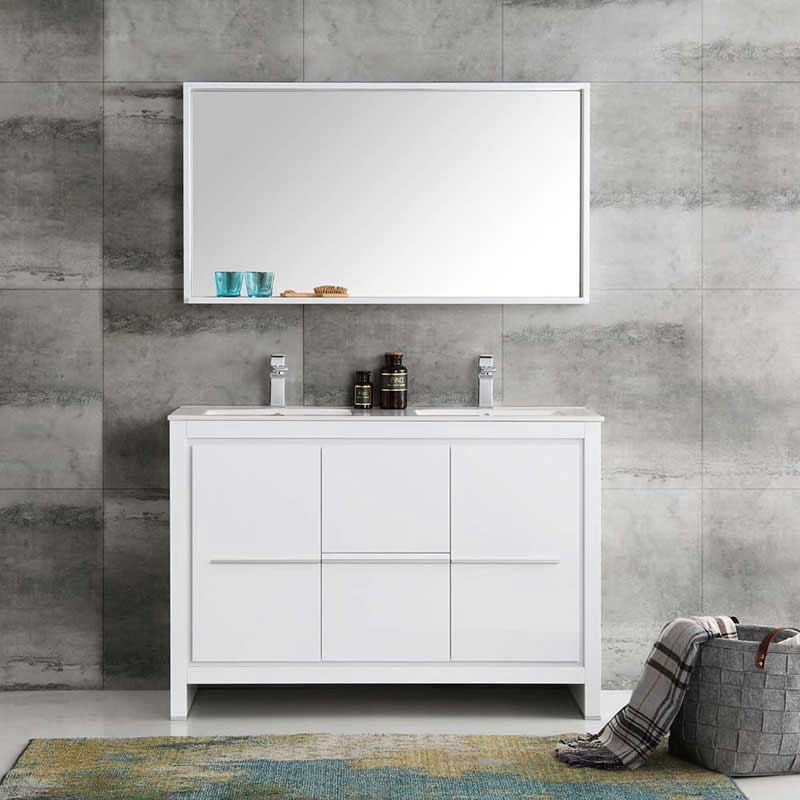 Fresca Allier 48" White Modern Double Sink Bathroom Vanity with Mirror 3