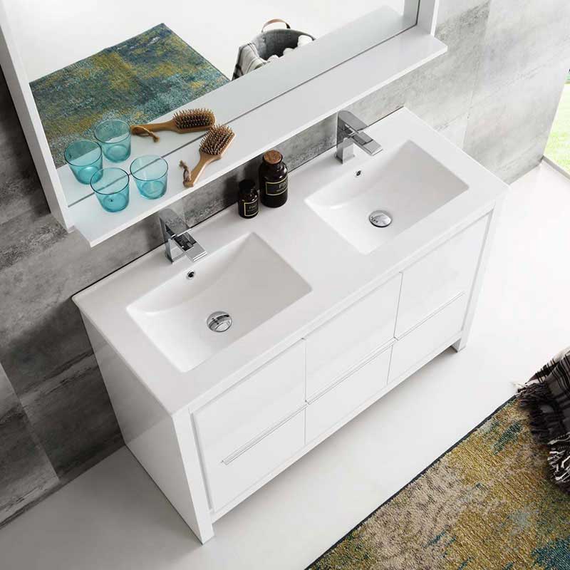 Fresca Allier 48" White Modern Double Sink Bathroom Vanity with Mirror 5
