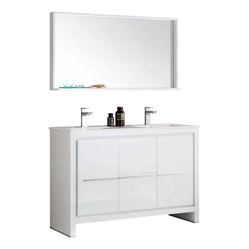 Fresca Allier 48" White Modern Double Sink Bathroom Vanity with Mirror