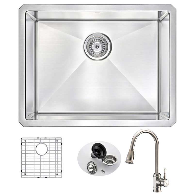 Anzzi VANGUARD Undermount Stainless Steel 23 in. Single Bowl Kitchen Sink and Faucet Set with Sails Faucet in Brushed Nickel