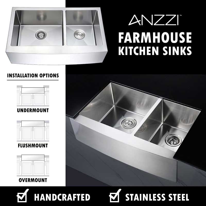 Anzzi ELYSIAN Farmhouse Stainless Steel 33 in. Double Bowl Kitchen Sink and Faucet Set with Harbour Faucet in Polished Chrome 9