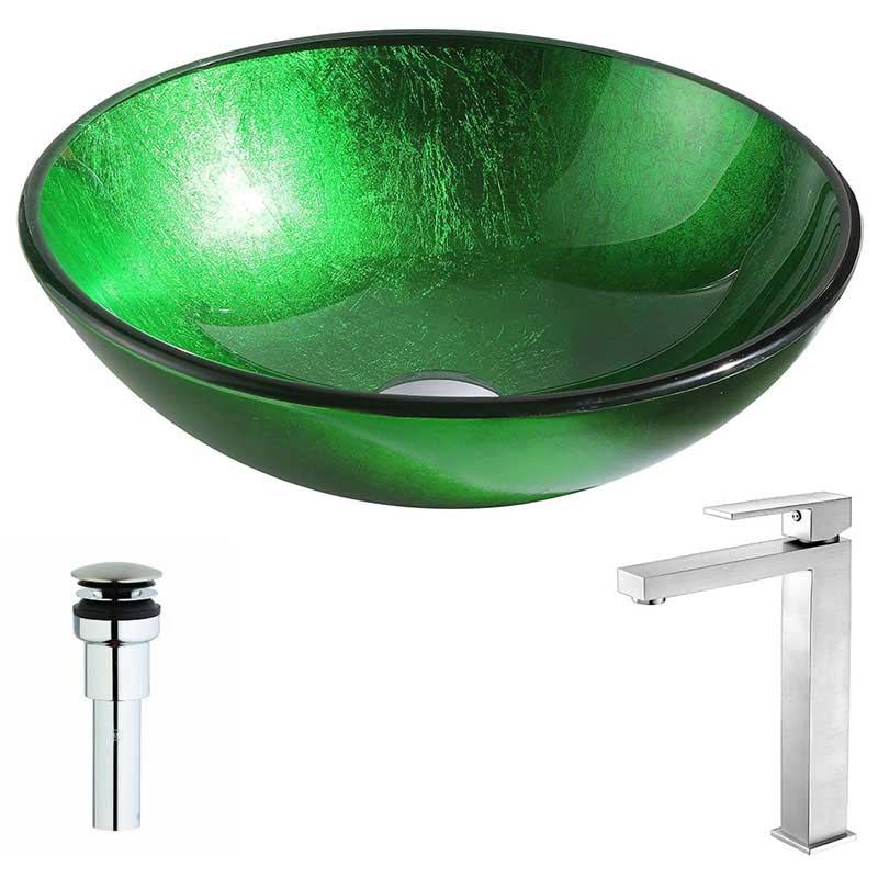 Anzzi Melody Series Deco-Glass Vessel Sink in Lustrous Green with Enti Faucet in Brushed Nickel