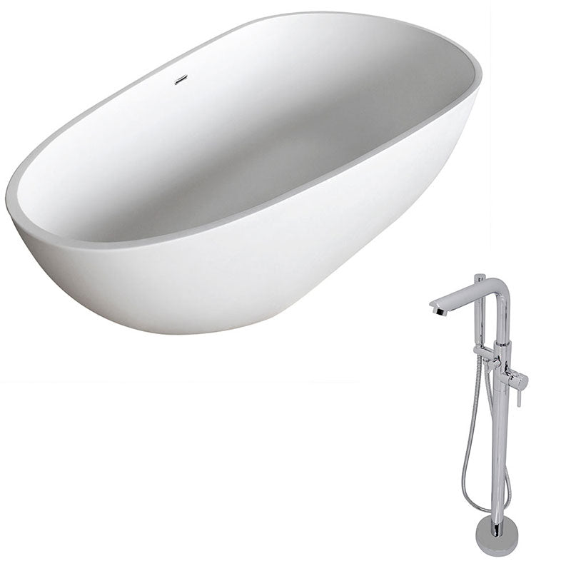 Anzzi Fiume 5.6 ft. Man-Made Stone Freestanding Non-Whirlpool Bathtub in Matte White and Sens Series Faucet in Chrome