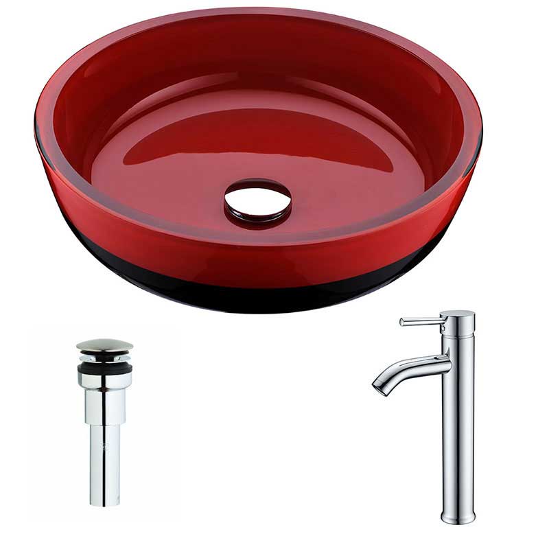 Anzzi Schnell Series Deco-Glass Vessel Sink in Lustrous Red and Black with Fann Faucet in Chrome