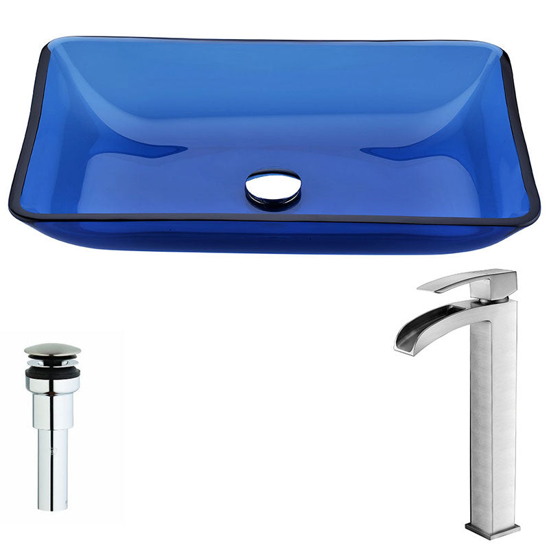 Anzzi Harmony Series Deco-Glass Vessel Sink in Cloud Blue with Key Faucet in Brushed Nickel