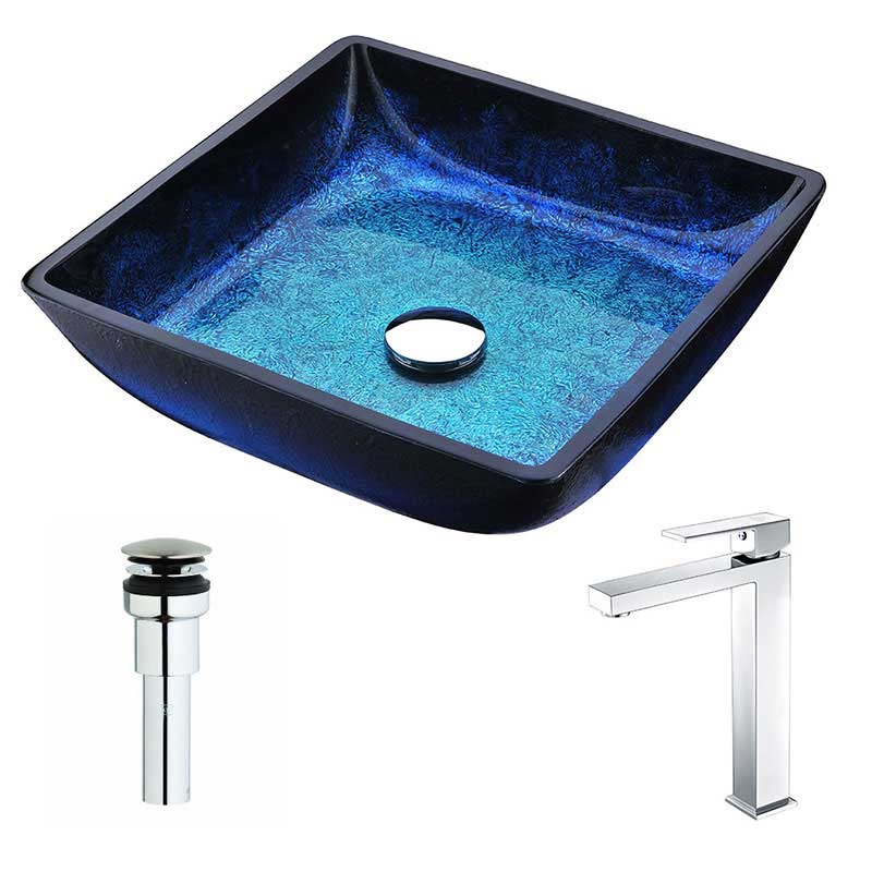 Anzzi Viace Series Deco-Glass Vessel Sink in Blazing Blue with Enti Faucet in Chrome