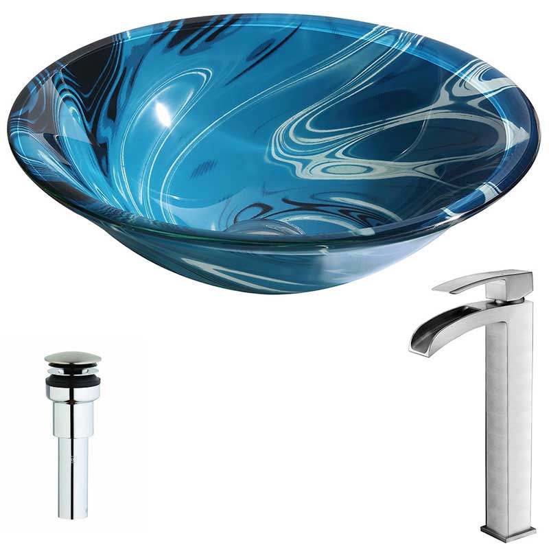 Anzzi Symphony Series Deco-Glass Vessel Sink in Lustrous Dark Blue with Key Faucet in Brushed Nickel
