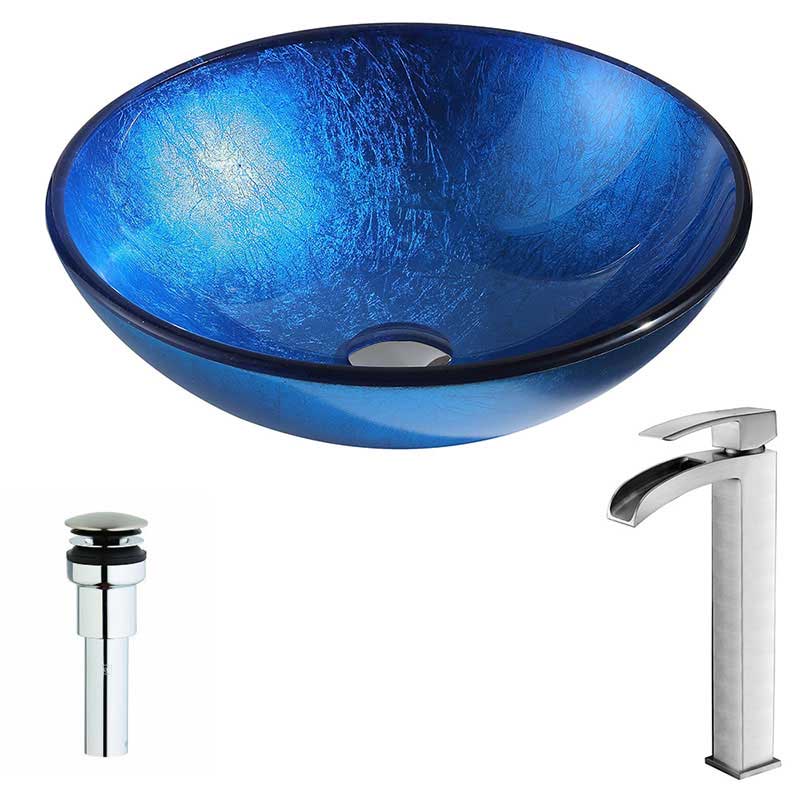 Anzzi Clavier Series Deco-Glass Vessel Sink in Lustrous Blue with Key Faucet in Brushed Nickel