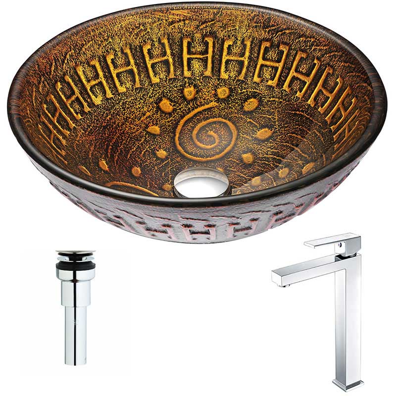 Anzzi Opus Series Deco-Glass Vessel Sink in Lustrous Brown with Enti Faucet in Polished Chrome