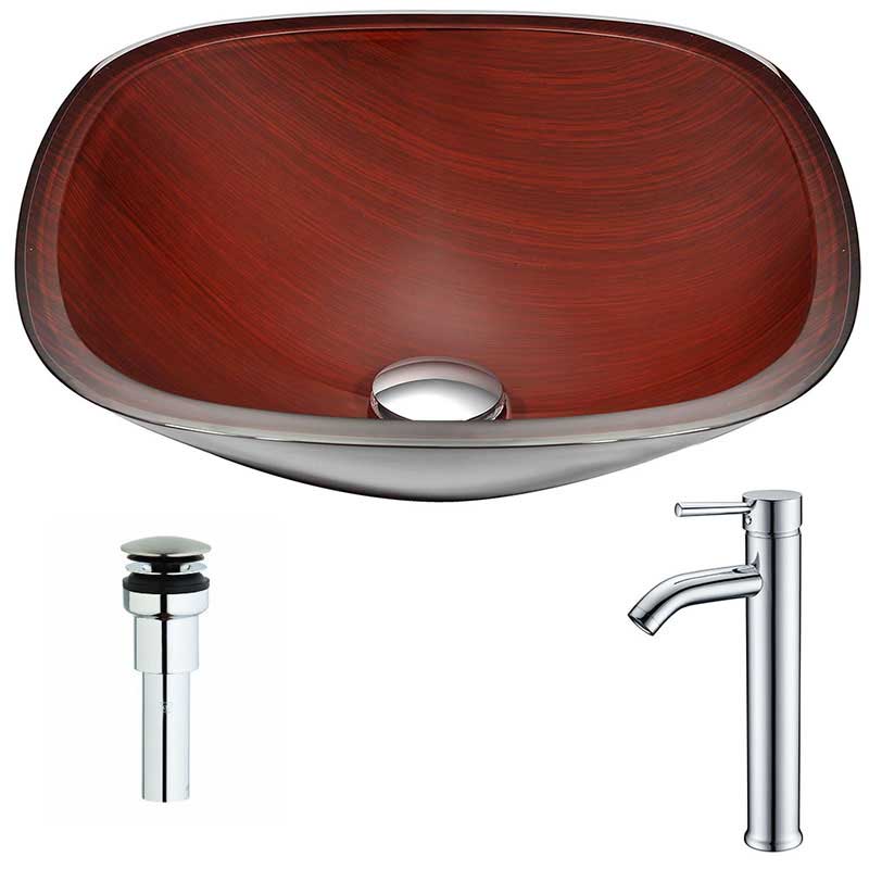 Anzzi Cansa Series Deco-Glass Vessel Sink in Rich Timber with Fann Faucet in Polished Chrome