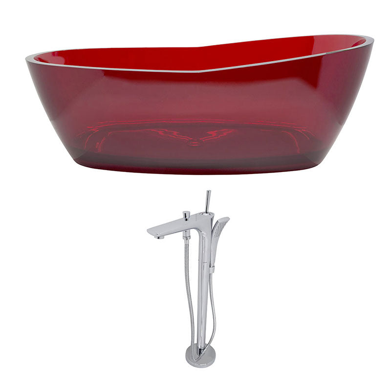 Anzzi Ember 5.4 ft. Man-Made Stone Freestanding Non-Whirlpool Bathtub in Deep Red and Kase Series Faucet in Chrome