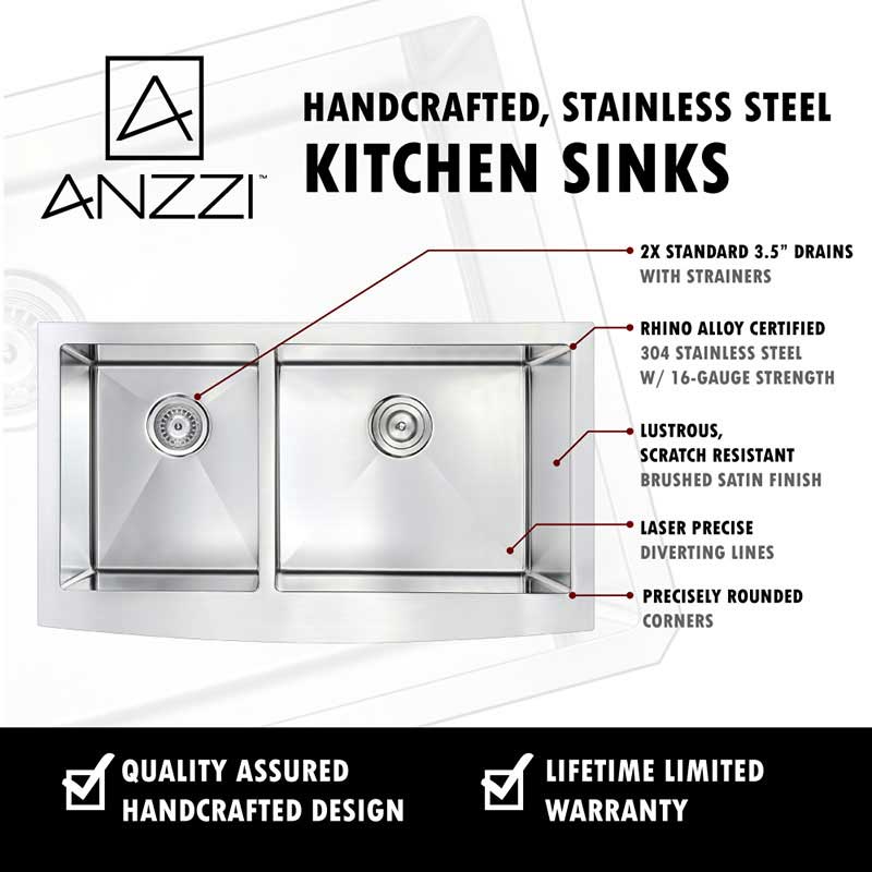 Anzzi ELYSIAN Series 33 in. Farm House 40/60 Dual Basin Handmade Stainless Steel Kitchen Sink 10
