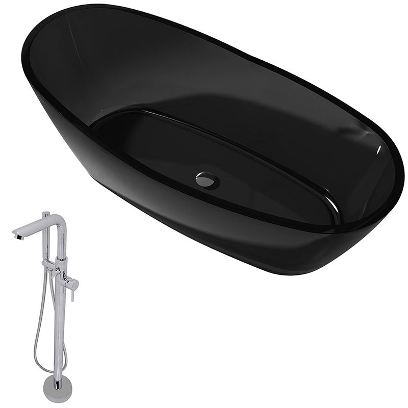 Anzzi Ember 5.4 ft. Man-Made Stone Freestanding Non-Whirlpool Bathtub in Midnight Black and Sens Series Faucet in Chrome