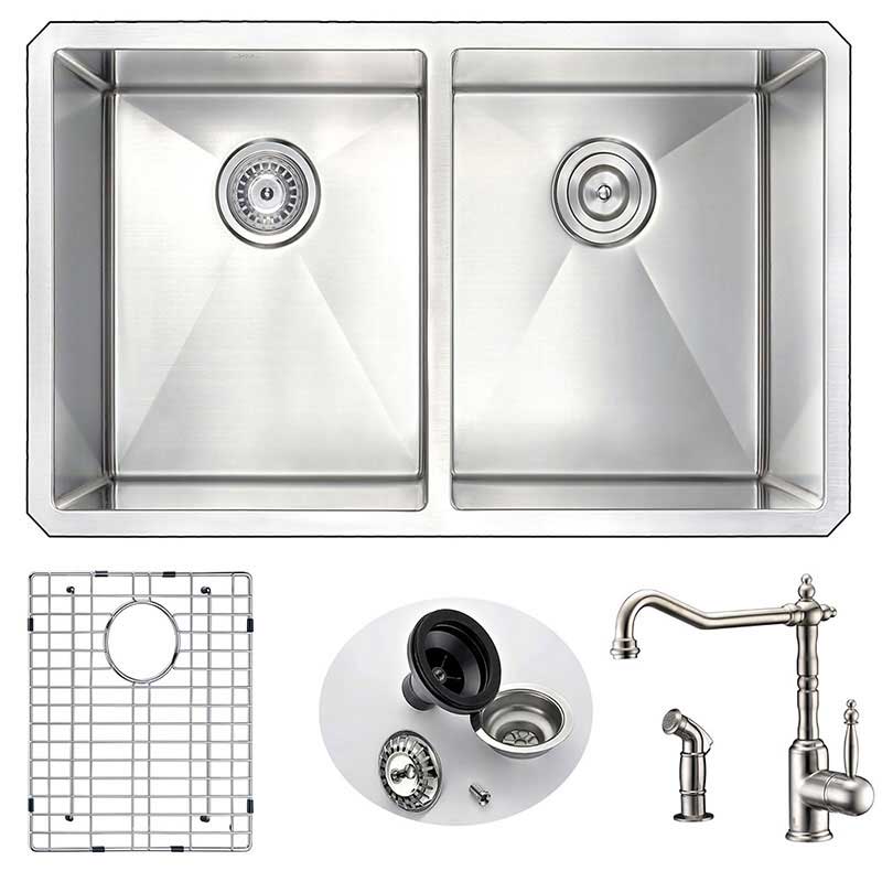 Anzzi VANGUARD Undermount Stainless Steel 32 in. Double Bowl Kitchen Sink and Faucet Set with Locke Faucet in Brushed Nickel