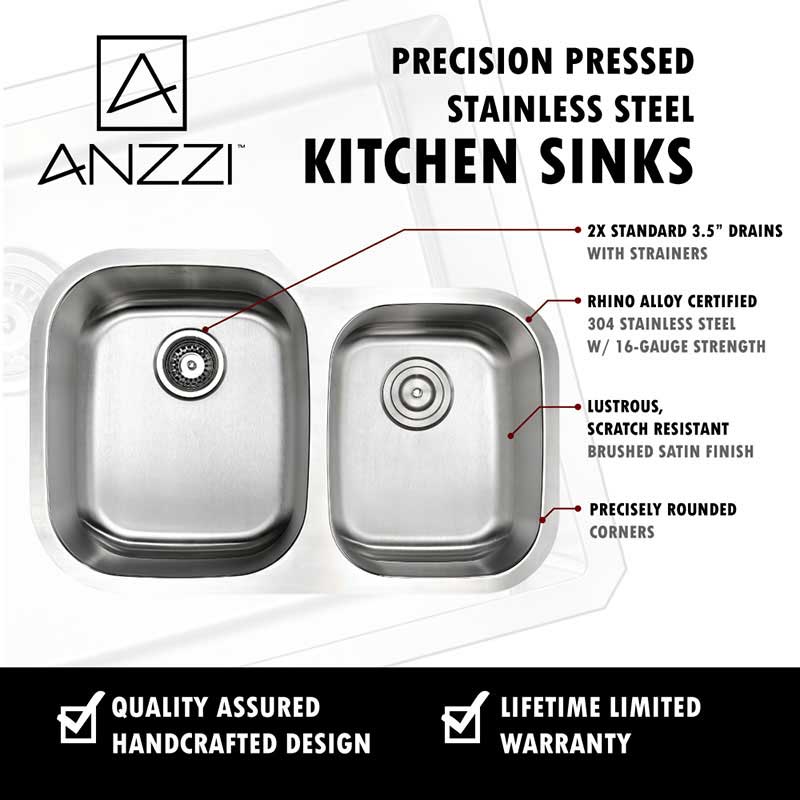 Anzzi MOORE Undermount Stainless Steel 32 in. Double Bowl Kitchen Sink and Faucet Set with Sails Faucet in Brushed Nickel 5