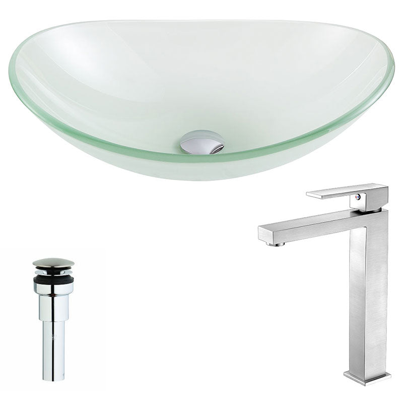 Anzzi Forza Series Deco-Glass Vessel Sink in Lustrous Frosted with Enti Faucet in Brushed Nickel