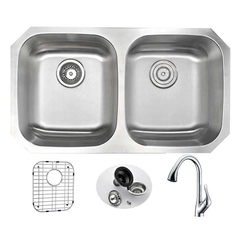Anzzi MOORE Undermount Stainless Steel 32 in. Double Bowl Kitchen Sink and Faucet Set with Accent Faucet in Polished Chrome