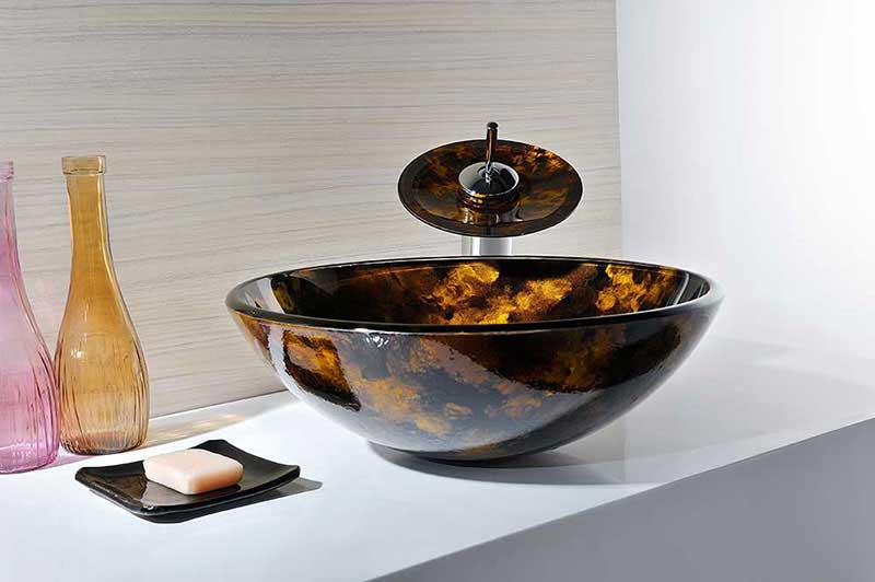 Anzzi Timbre Series Deco-Glass Vessel Sink in Kindled Amber with Matching Chrome Waterfall Faucet 5